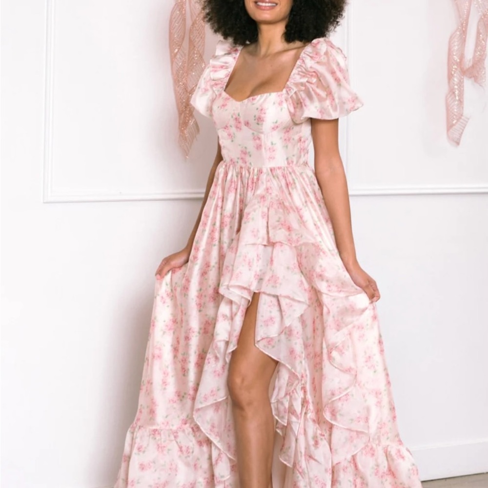 BNWT- Giselle Floral Rose Pink Ruffle Maxi Dress - L